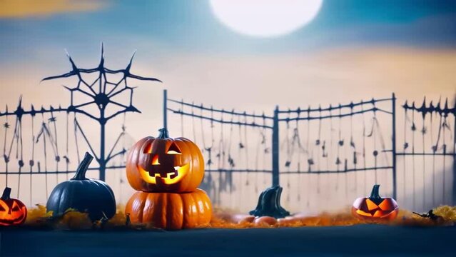Falling glowing pumpkin around smaller pumpkins in the background fence, a Halloween illustrated animated spooky short movie.