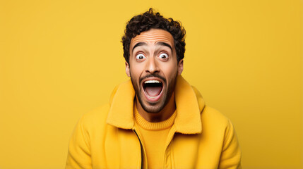 Young handsome man wearing casual clothes shocked with surprise and amazed expression on yellow background