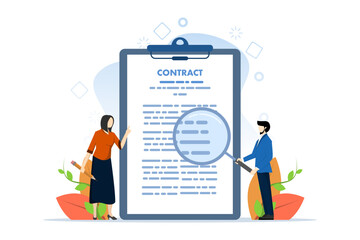 Contract concept in hand. While holding a magnifying glass, study the terms of the agreement. Signing business documents. Examination of legal documents. Successful deal. vector design illustration.