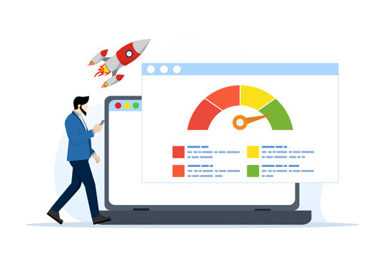 fast loading site testing concept, Speedometer test shows speed time, Website Loading Speed Optimization With Server, Web Programming, Mobile Apps and Page Software. flat vector illustration.