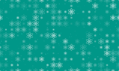 Seamless background pattern of evenly spaced white atomic symbols of different sizes and opacity. Vector illustration on teal background with stars