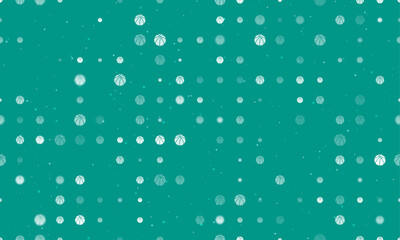 Seamless background pattern of evenly spaced white basketball symbols of different sizes and opacity. Vector illustration on teal background with stars