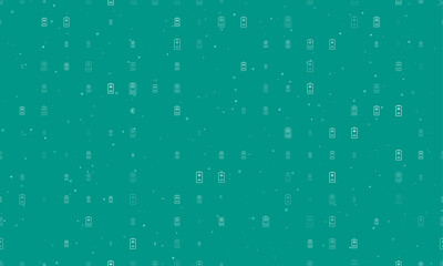 Seamless background pattern of evenly spaced white battery symbols of different sizes and opacity. Vector illustration on teal background with stars