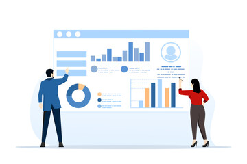 analysis concept. businessman with his digital business screen perfect for office business. People doing Business data Research, analyzing data, business analysis. Flat vector illustration.