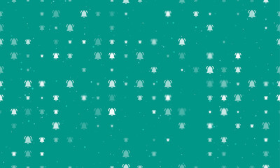 Seamless background pattern of evenly spaced white bell symbols of different sizes and opacity. Vector illustration on teal background with stars