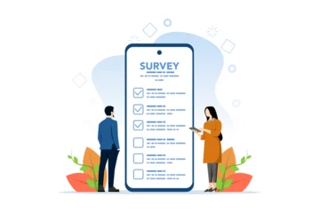 Deurstickers Concept of online survey questionnaire, poll, opinion or customer feedback using internet, man and woman using mobile phone or smart phone to fill online survey checklist. flat vector illustration. © FAHMI