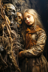 Little girl witch performing a ritual with ancestor's skeletons.