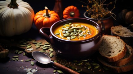 Homemade healthy creamy pumpkin and carrot soup with seeds. Healthy vegetarian food concept, close-up of table with ingredients.