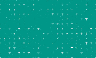 Seamless background pattern of evenly spaced white caduceus symbols of different sizes and opacity. Vector illustration on teal background with stars