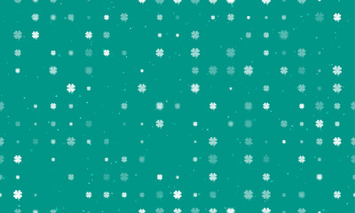 Seamless background pattern of evenly spaced white four-leaf clover symbols of different sizes and opacity. Vector illustration on teal background with stars