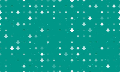 Seamless background pattern of evenly spaced white clubs of different sizes and opacity. Vector illustration on teal background with stars