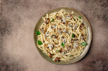 fettuccine with champignons, basil, in cream sauce, homemade, no people,