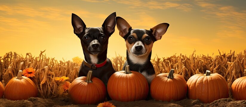 Pair of canines among pumpkins