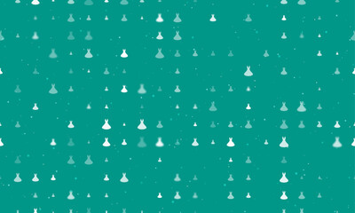 Seamless background pattern of evenly spaced white flared dress symbols of different sizes and opacity. Vector illustration on teal background with stars