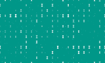 Seamless background pattern of evenly spaced white hourglass symbols of different sizes and opacity. Vector illustration on teal background with stars