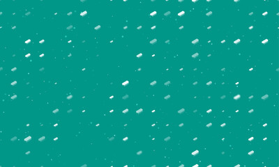Seamless background pattern of evenly spaced white integrated circuit symbols of different sizes and opacity. Vector illustration on teal background with stars