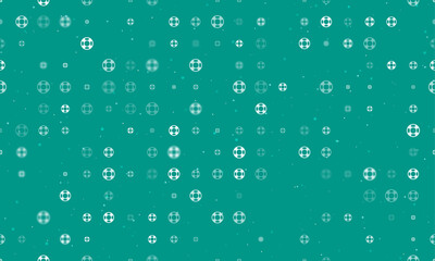 Seamless background pattern of evenly spaced white lifebuoy symbols of different sizes and opacity. Vector illustration on teal background with stars
