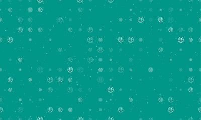 Seamless background pattern of evenly spaced white microcircuit symbols of different sizes and opacity. Vector illustration on teal background with stars