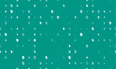 Seamless background pattern of evenly spaced white mug beer symbols of different sizes and opacity. Vector illustration on teal background with stars