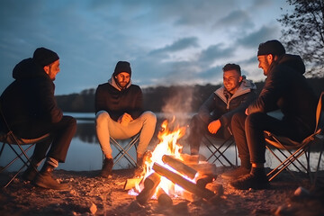 Men friendship group sit round a bright campfire at evening - obrazy, fototapety, plakaty