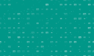 Seamless background pattern of evenly spaced white credit card symbols of different sizes and opacity. Vector illustration on teal background with stars