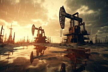 Rigs beneath sky. Crude production. Shale rigs. Oil corporations. Oil industry work. Hydrocarbon export. Generative AI