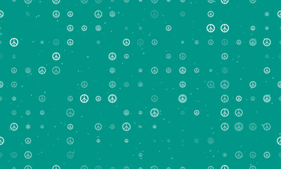 Seamless background pattern of evenly spaced white peace symbols of different sizes and opacity. Vector illustration on teal background with stars