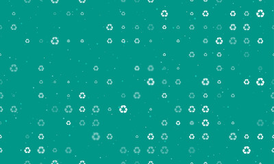 Seamless background pattern of evenly spaced white recycling symbols of different sizes and opacity. Vector illustration on teal background with stars