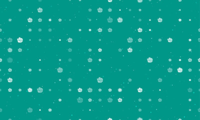 Seamless background pattern of evenly spaced white roses of different sizes and opacity. Vector illustration on teal background with stars