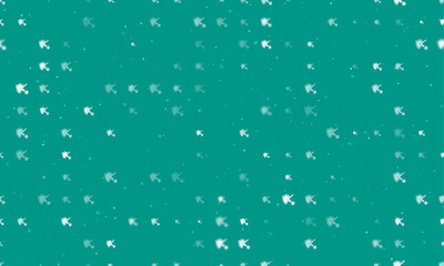 Seamless background pattern of evenly spaced white virus bounces off the shield symbols of different sizes and opacity. Vector illustration on teal background with stars