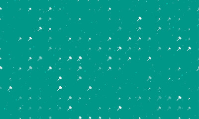 Seamless background pattern of evenly spaced white sledgehammer symbols of different sizes and opacity. Vector illustration on teal background with stars