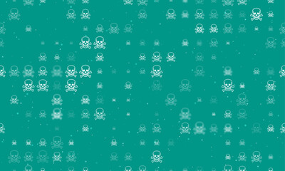 Seamless background pattern of evenly spaced white skulls of different sizes and opacity. Vector illustration on teal background with stars
