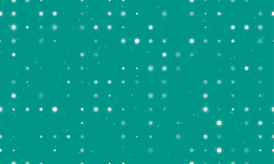 Seamless background pattern of evenly spaced white suns of different sizes and opacity. Vector illustration on teal background with stars