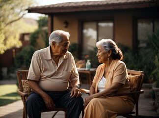 An elderly couple enjoying outdoors,, reflecting a Latin American immigrant's fulfilling retirementk smoldering