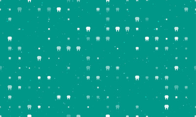 Seamless background pattern of evenly spaced white tooth symbols of different sizes and opacity. Vector illustration on teal background with stars