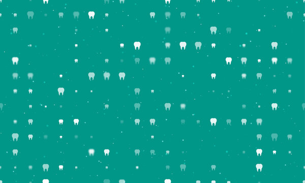 Seamless Background Pattern Of Evenly Spaced White Tooth Symbols Of Different Sizes And Opacity. Vector Illustration On Teal Background With Stars