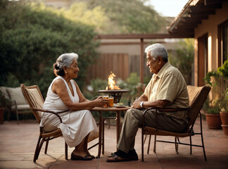 An elderly couple enjoying outdoors, reflecting a Latin American immigrant's fulfilling retirementk smoldering