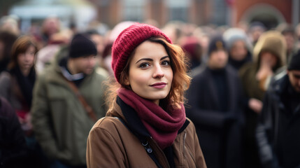 Fototapeta premium Close up portrait of female activist standing in a crowd of women during demonstration for women's rights