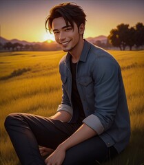 a young man sitting in a field of grass with a beautiful sunset sky as the backdrop.