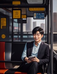 a man sitting on a train, dressed in a suit and holding a tablet.