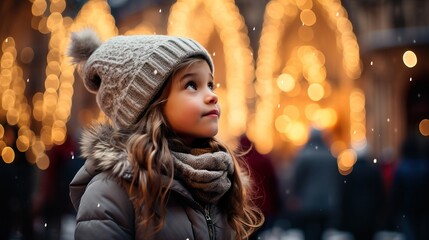 Obraz premium Christmas, A young girl in a brown coat gazing at the snowflakes falling from the sky in a city setting