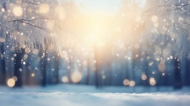 Photo of a snowy winter landscape with falling snowflakes