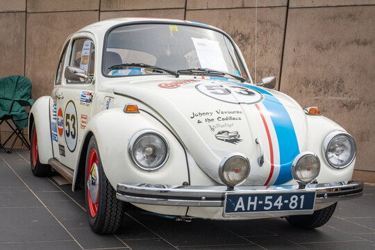 Scheveningen, The Netherlands, 14.05.2023, Vintage Volkswagen Beetle stylized as Herbie the Love Bug at The Aircooled classic car show