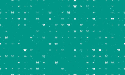 Seamless background pattern of evenly spaced white bow symbols of different sizes and opacity. Vector illustration on teal background with stars