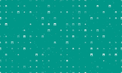 Seamless background pattern of evenly spaced white christmas fireplace symbols of different sizes and opacity. Vector illustration on teal background with stars