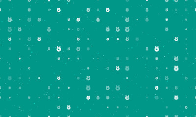 Seamless background pattern of evenly spaced white christmas wreath symbols of different sizes and opacity. Vector illustration on teal background with stars
