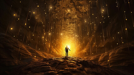 Person walking through a magical tunnel filled with golden light and sparkles. Mystical experience, spiritual practice, afterlife. - obrazy, fototapety, plakaty
