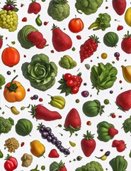 an assortment of fruits and vegetables arranged on a white tablecloth