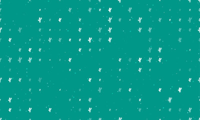 Seamless background pattern of evenly spaced white cactus symbols of different sizes and opacity. Vector illustration on teal background with stars
