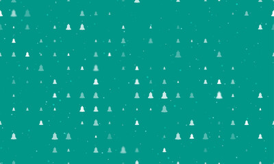 Seamless background pattern of evenly spaced white vintage bell symbols of different sizes and opacity. Vector illustration on teal background with stars